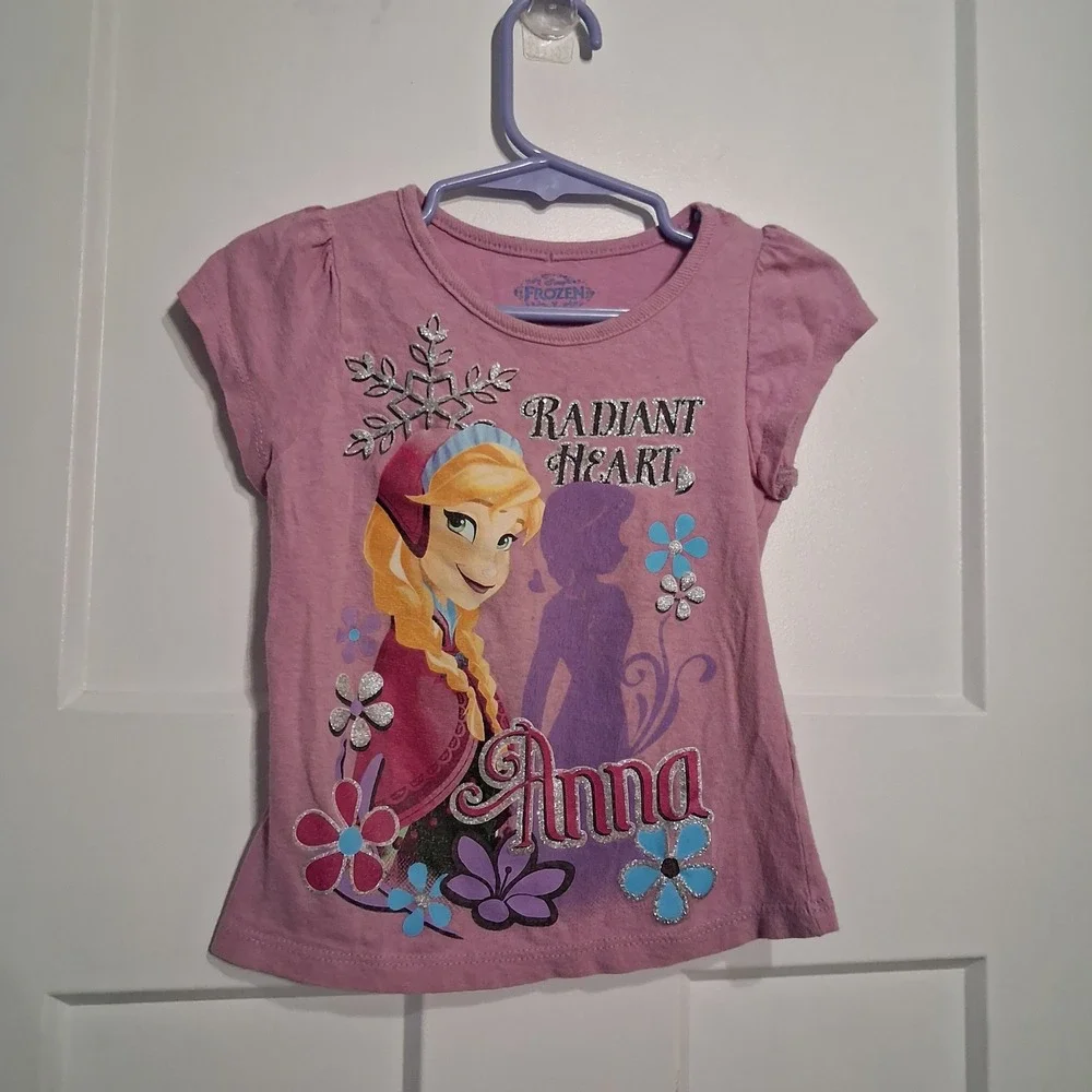 Disney Frozen Anna Radiant Heart Pink Graphic T-Shirt Girls Size 3T Glitter